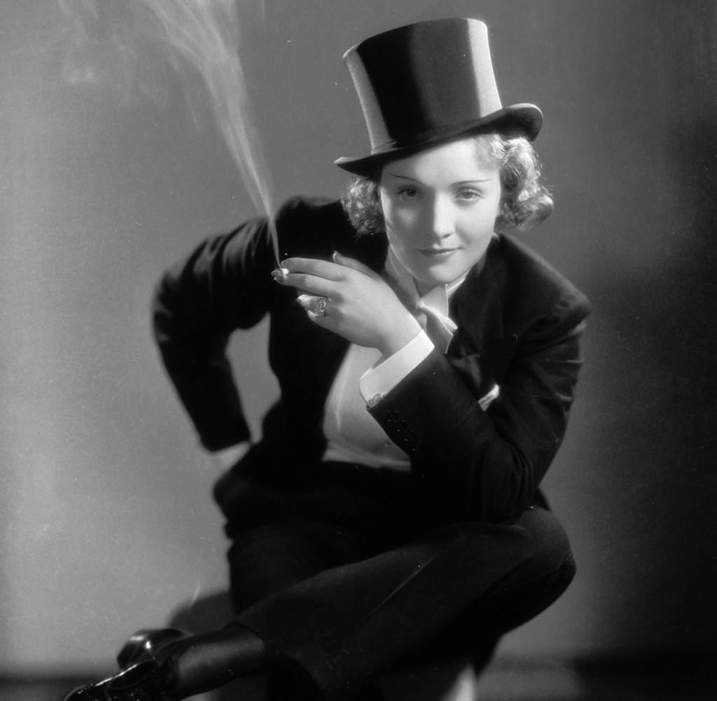 Marlene Dietrich smoking in white tie