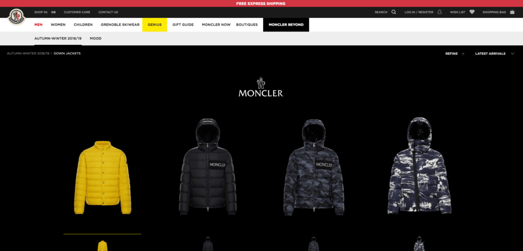 Screenshot of Moncler website