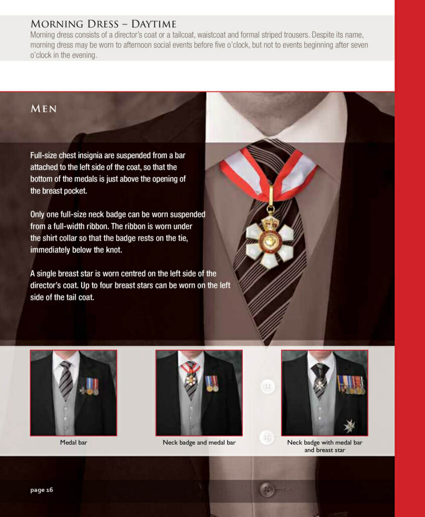 Morning Dress Instructions for Medals and neck badges from Canada