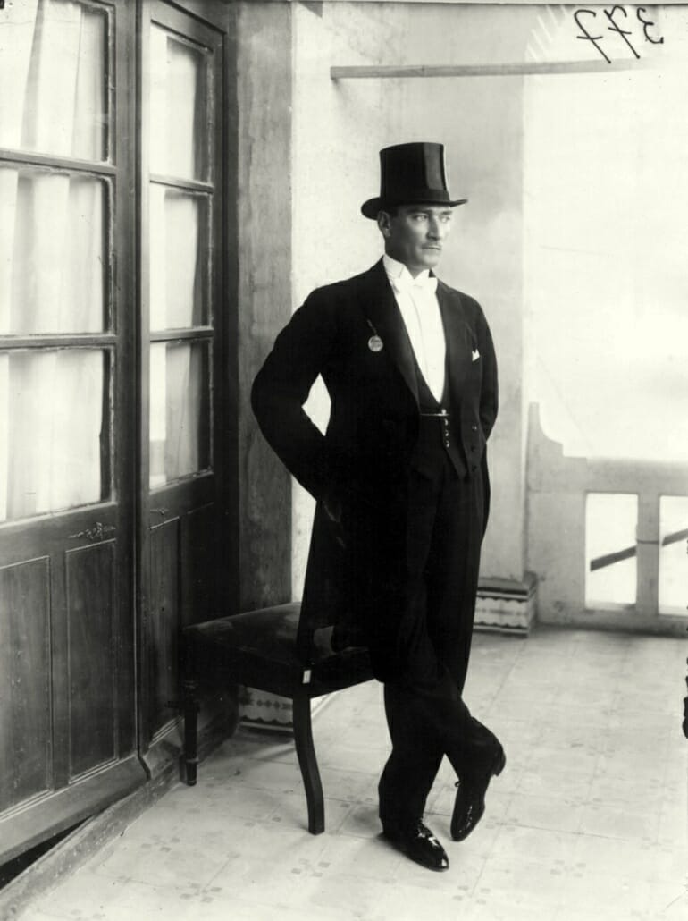 Mustafa Kemal Atatürk in white tie with black waistcoat