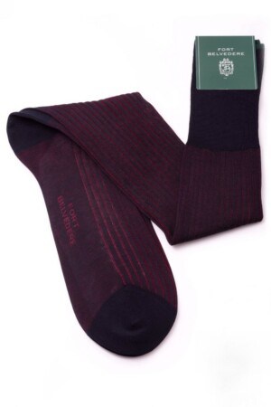 Midnight Blue and Burgundy Shadow Stripe Ribbed Socks Fil d'Ecosse Cotton