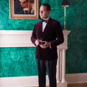 Non-traditional Black Tie ensemble with velvet DB jacket and midnight blue trousers, following the clack black tie style rules