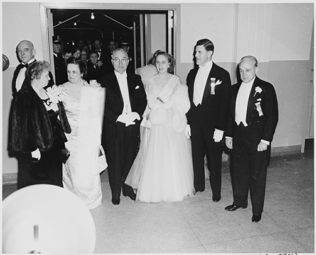 Presidential party at the Inaugural Ball for Truman - note the men wear white tie with white gloves