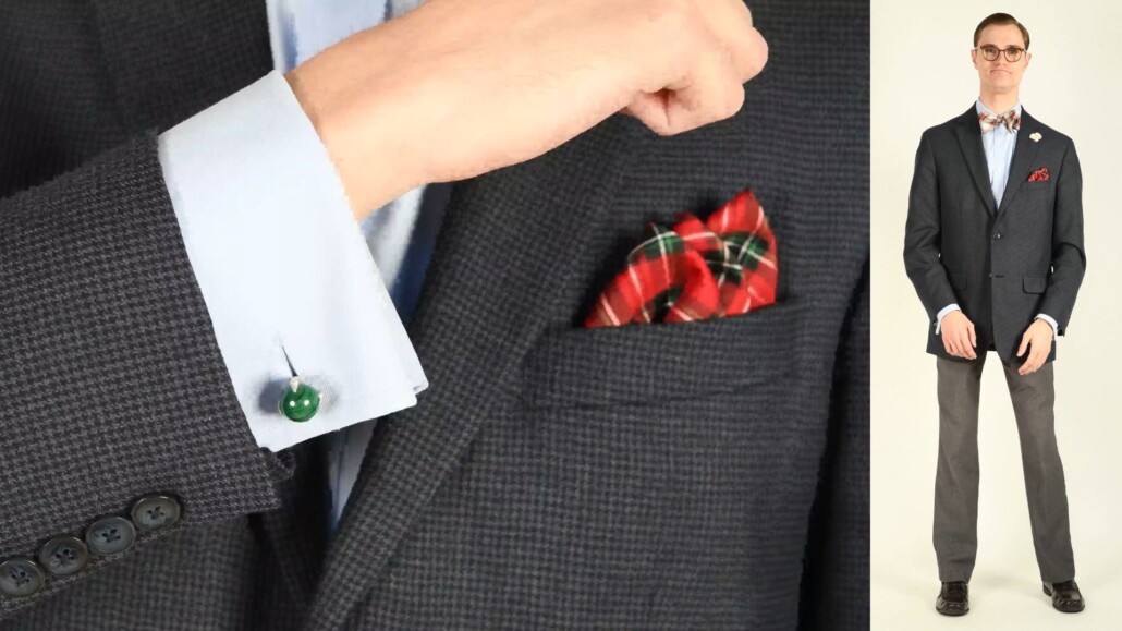 Preston incorporates tartan into the outfit consisting a vintage tartan bow tie and pocket square.