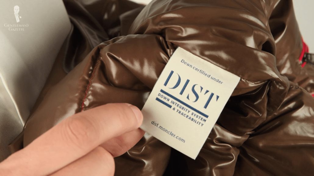 DIST certified tag on the inside of the down jacket
