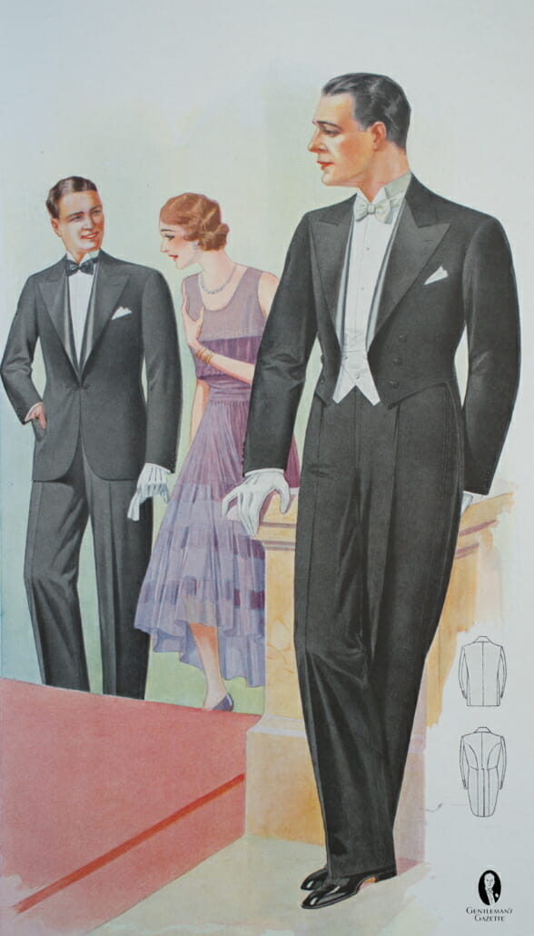 Summer 1930 London - white gloves are worn indoor with black tie and white tie - note the double button on the black tie dinner jacket and the 3 button waistcoat on the right