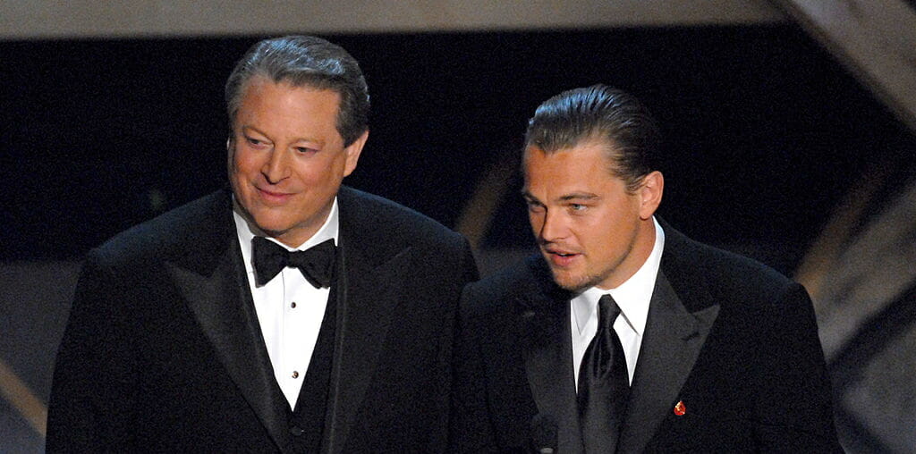 The bow tie helps draw the eye to Mr. Gore s face while the long tie carries the eye towards Mr. DiCaprio s crotch.