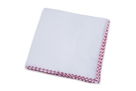 White Linen Pocket Square with Burgundy Red Handrolled X Stitch