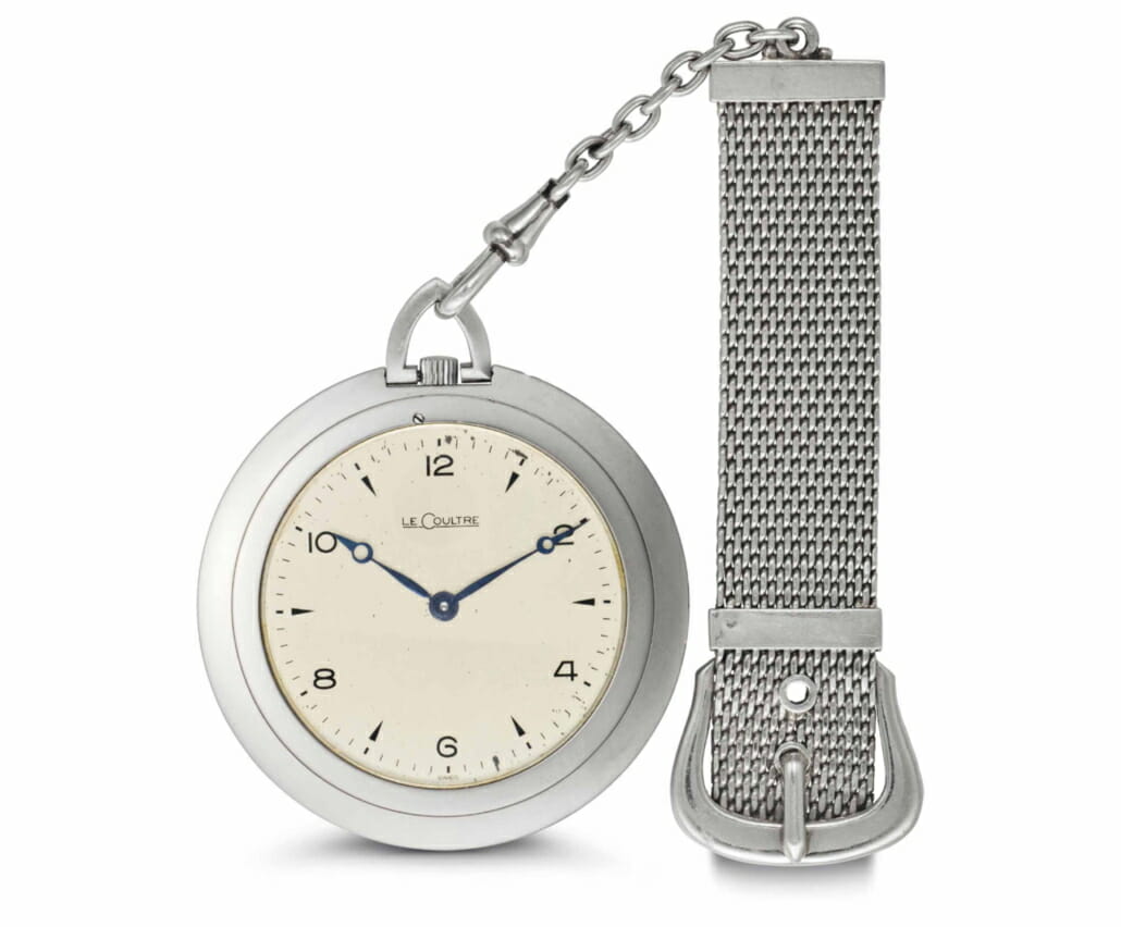 White Tie pocket watch in platinum with fob that hangs out of the pocket