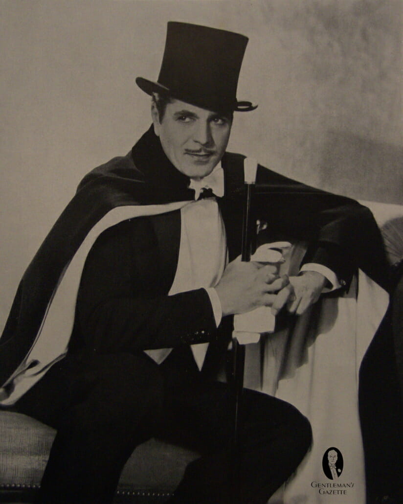 White Tie with Evening Cloak or Cape lined in white silk with cane, gloves and top hat.jpg
