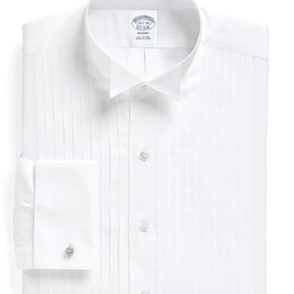White attached wing collar shirt with pleated front