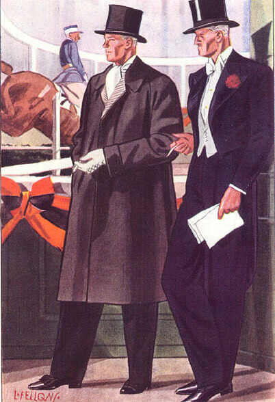 An illustration of two men in Black Tie, one wearing an evening scarf and overcoat