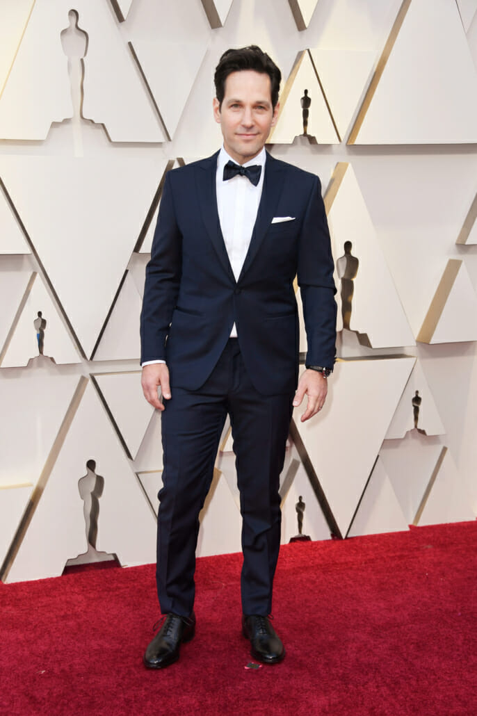 A cummerbund or other waist covering would have taken Paul Rudd's midnight-blue, shawl-collared tuxedo from good to great. [Photo: Frazer Harrison/Getty]