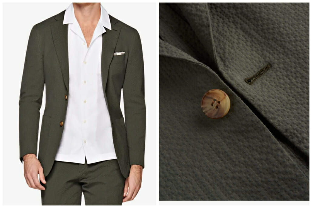 This olive green suit reads like a solid from afar but actually has a puckered seersucker-like texture