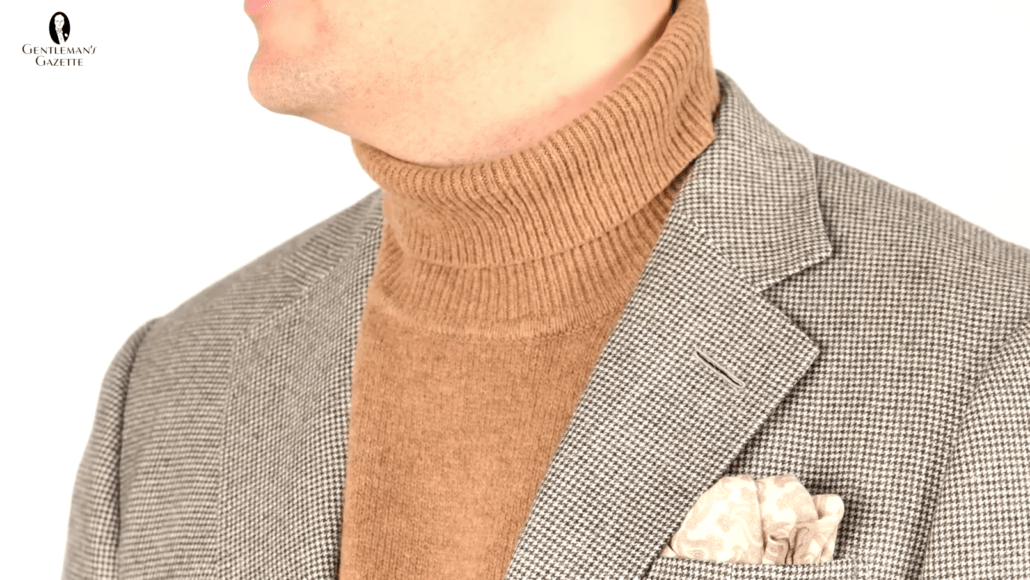 Tan Turtleneck, houndstooth suit and brown paisley pocket square