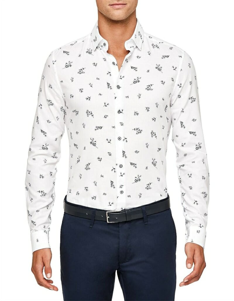 A white dress shirt with floral pattern