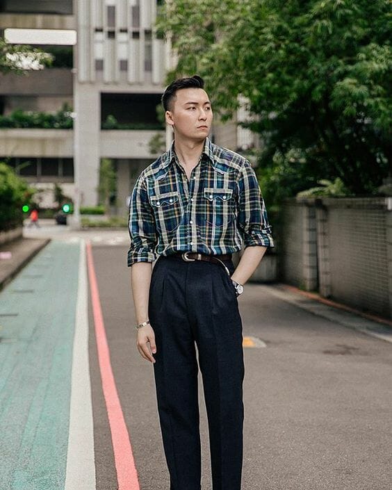 Kris of The Anthology Taiwan with a sawtooth Madras shirt and pleated trousers.