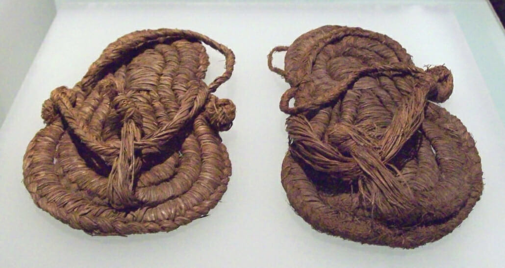 SANDALS of esparto grass and sewn rope, at the National Archaeological Museum of Spain, in Madrid. Found at the Cueva de Los Murciélagos (a cave) in Albuñol (Province of Granada, Andalusia, Spain)