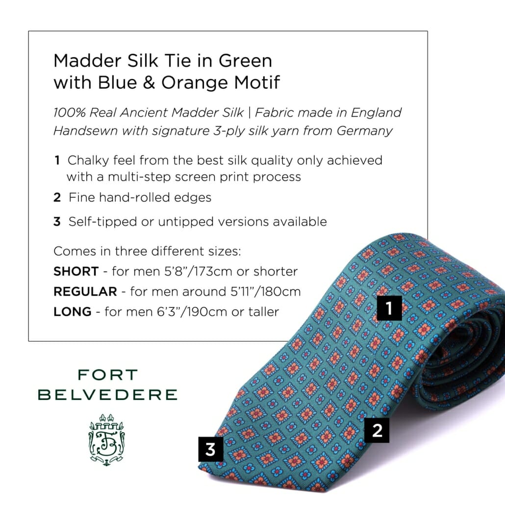 Madder Silk Tie in Green with Blue Orange Motif - Fort Belvedere