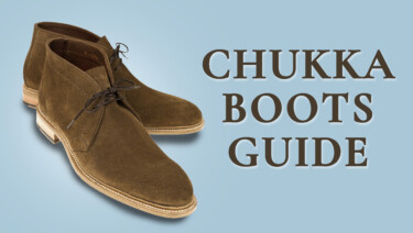 A pair of medium brown suede chukka boots; text reads, "Chukka Boots Guide"