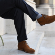 cuffed navy trousers brown-suede-chukka boots Shadow Stripe Socks Light Grey and Light-Blue