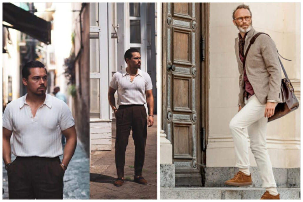 Atte Rytkönen from Finland in a polo, pleated linen pants and espadrilles; at right, a smart casual look from Baltzar in Malmo, Sweden--including sneakers, and pin-rolled chinos