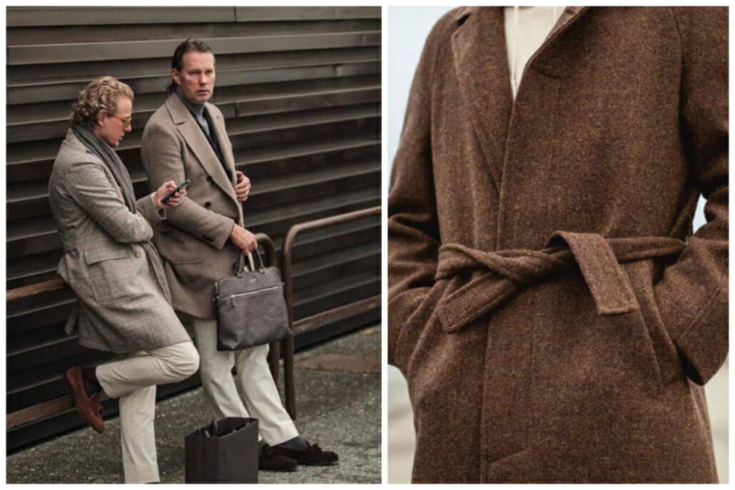 Tonal neutral overcoats worn by the staff of Rose&Born (left) and a brown belted raglan overcoat sold by Norwegian company Berg and Berg