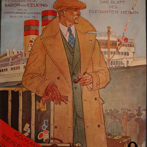 A fashion illustration from 1929 shows a dapper gentleman in a flat cap, an impressive peaked lapel overcoat, and a green suit that would all be wearable today