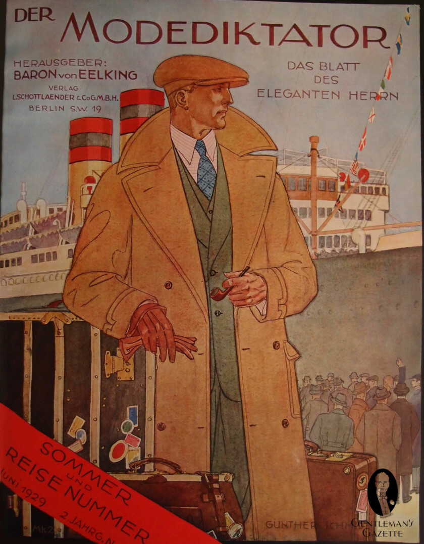 A fashion illustration from 1929 shows a dapper gentleman in a flat cap, an impressive peaked lapel overcoat, and a green suit that would all be wearable today