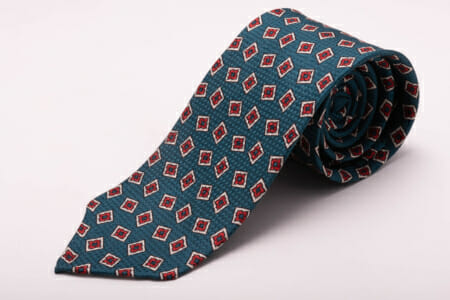 Aqua Green Jacquard Woven Tie with Printed Diamonds in Orange Red and White-5743