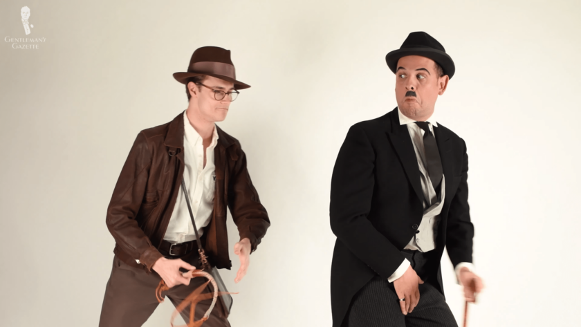Preston and Raphael in Charlie Chaplin and Indiana Jones costume