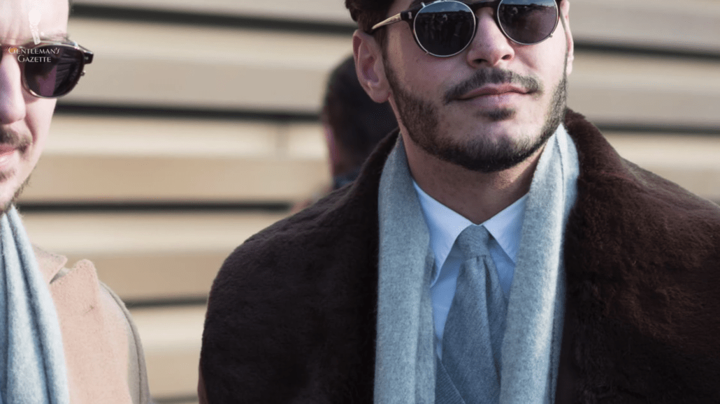 Brown overcoat with gray accessories