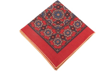 Cardinal Red Silk Wool Pocket Square with Printed geometric medallions in blue, black with buff contrast edge - Fort Belvedere