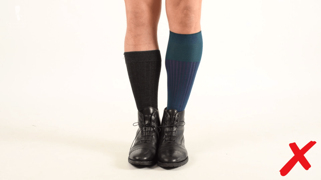 Fort Belvedere socks (right) are a better value than cheap socks (left), as they stay up on the leg and will prove more durable over time. (Pictured: Teal and Purple Shadow Stripe Ribbed Socks from Fort Belvedere)