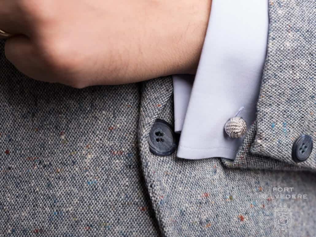 Blue Horn Buttons on a grey tweed with silver cufflinks from Fort Belvedere