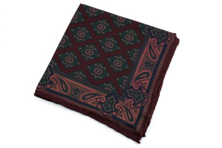 Dark Brown Madder Silk Pocket Square with Navy Bronze Green Diamond Motif and Paisley - Fort Belvedere