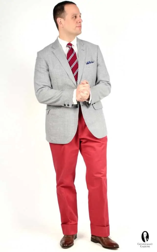 Nantucket Red chinos with blue and white sport coat, linen pocket square and red and blue tie