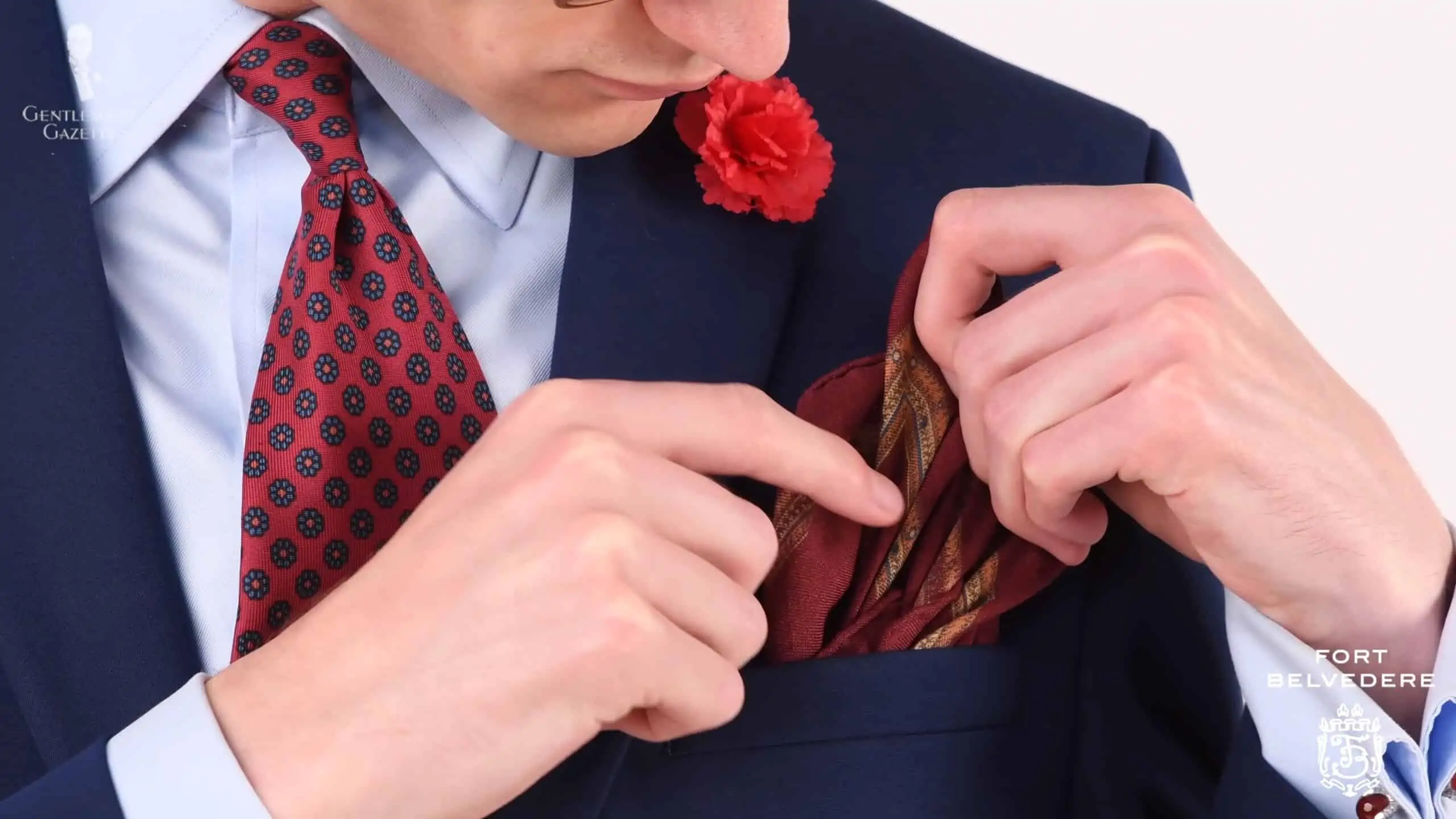 Preston in Red and Blue Outfit featuring A Fort Belvedere Pocket Square