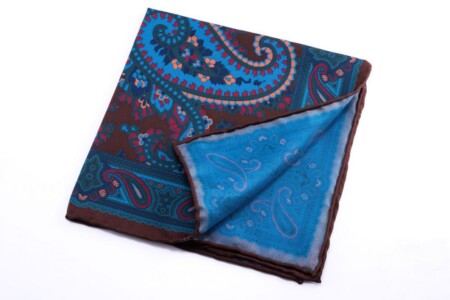 Brown Madder Silk Pocket Square with Turquoise,Green, Brown Large Paisley
