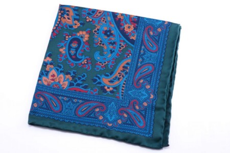 Green Madder Silk Pocket Square with Turquoise,Orange and Yellow Large Paisley