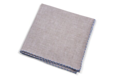 Light Brown Linen Pocket Square with Blue Handrolled X Stitch