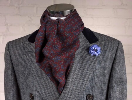 Reversible Scarf in Burgundy Red and Blue Silk Wool Motifs and Paisley
