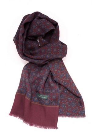 Reversible Scarf in Burgundy Red and Blue Silk Wool Motifs and Paisley
