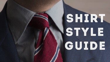 Cover showing Raphael dress shirt, navy jacket, and Shantung Striped Dark Red, Blue and White Silk Tie from Fort Belvedere