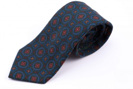 Wool Challis Tie in Dark Green with Blue, Yellow and Orange Pattern