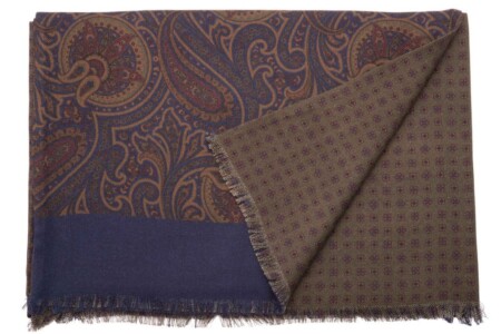 Wool Silk Scarf in Indigo Blue, Olive Green, Burgundy, Ocre, Paisley & Macclesfield Neats
