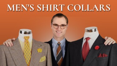 Preston, wearing a shirt with a point collar, flanked by mannequins wearing shirts with a pin collar and spread collar, respectively