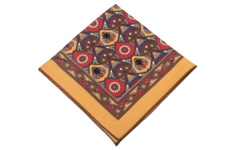 Straw Yellow Pocket Square Egyptian Scarab pattern in antique brass, blue, black, cardinal red with brown contrast edge