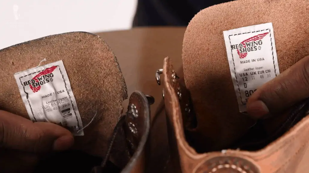 Interior tags of the Red Wing Iron Ranger Boots showing a country-of-origin designation of "Made in USA"