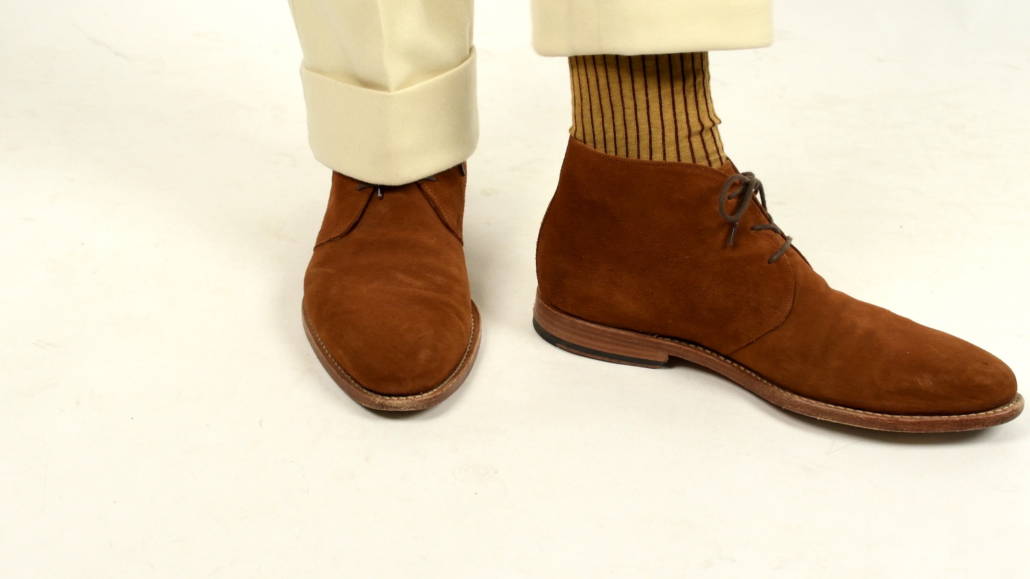 Caramel and Dark Burgundy Shadow Stripe Ribbed Socks Fil dEcosse Cotton - Fort Belvedere with white flannel